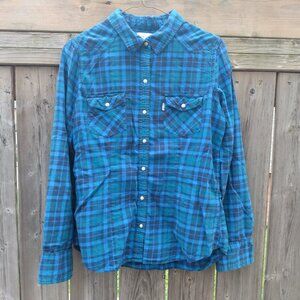 Levi's Blue Plaid Shirt Pearly Snaps Size Medium Fitted Western